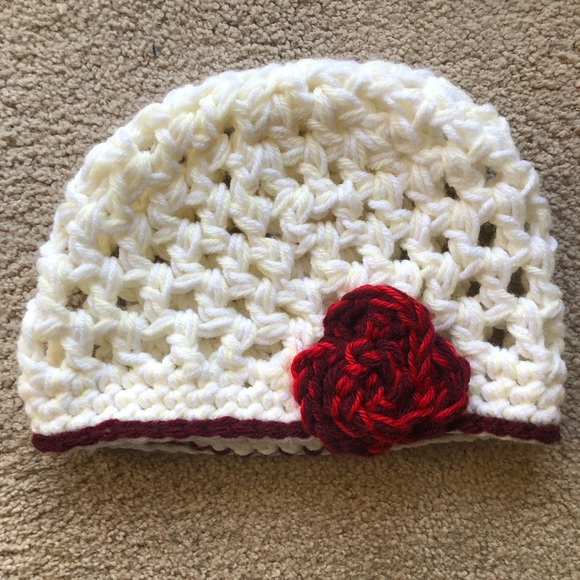 Handmade White Crochet Beanie with Red Flower - Picture 1 of 6